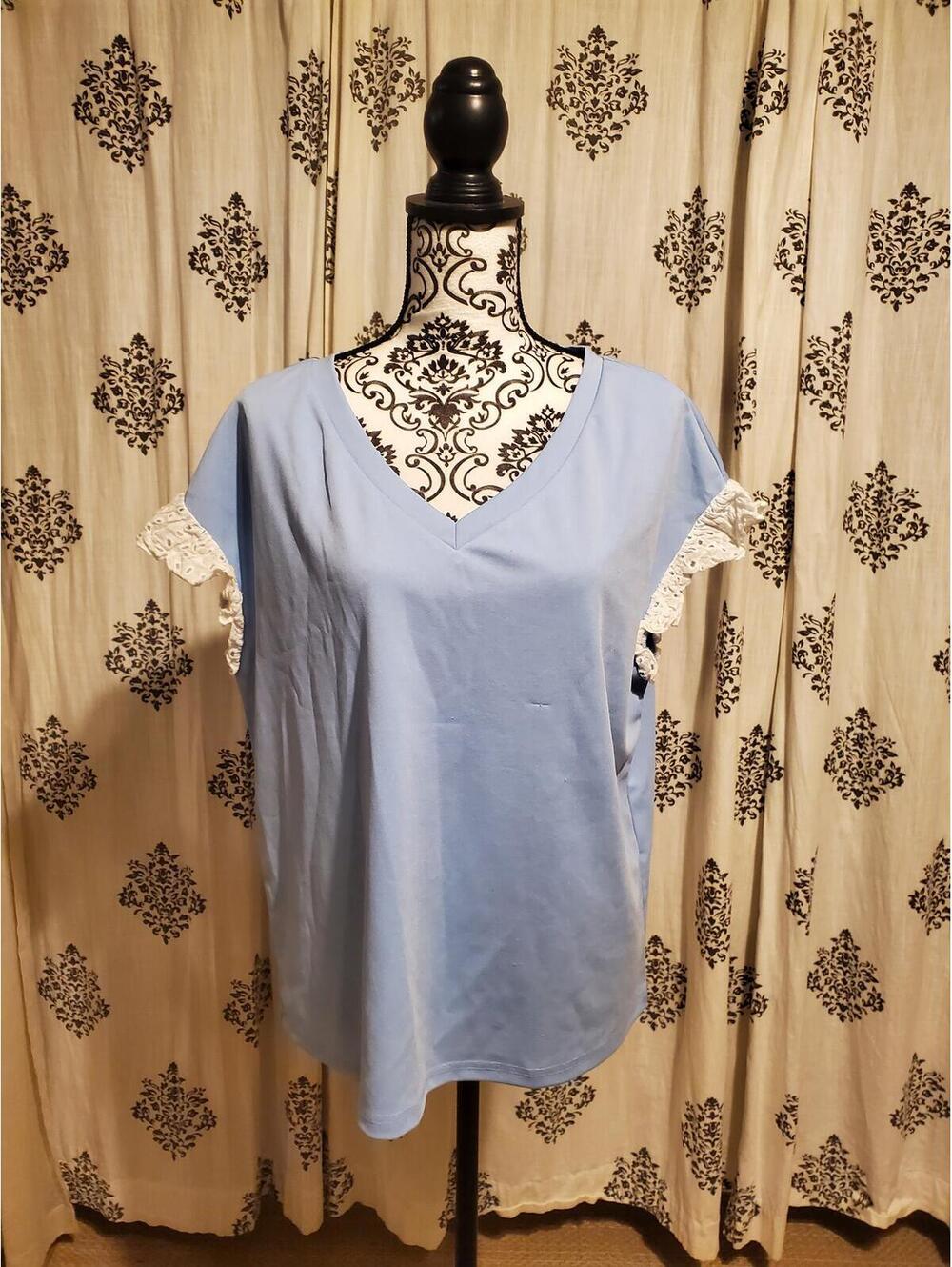 Light Blue V-Neck Top with Lace Sleeve Detail
